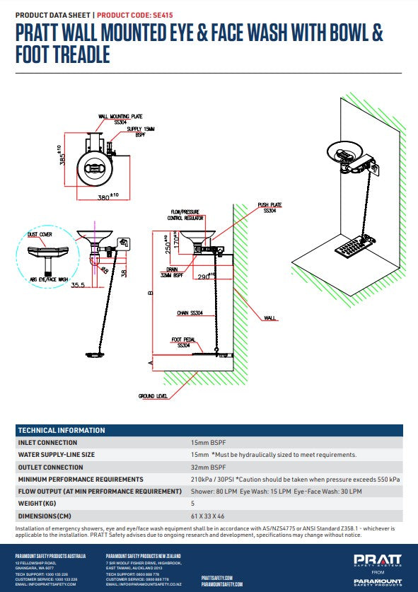 Pratt Fixed Wall Mounted Emergency Eye Wash Units - Foot Treadle, Eye Face Wash and Bowl Options
