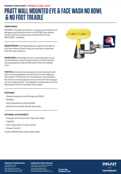 Pratt Fixed Wall Mounted Emergency Eye Wash Units - Foot Treadle, Eye Face Wash and Bowl Options