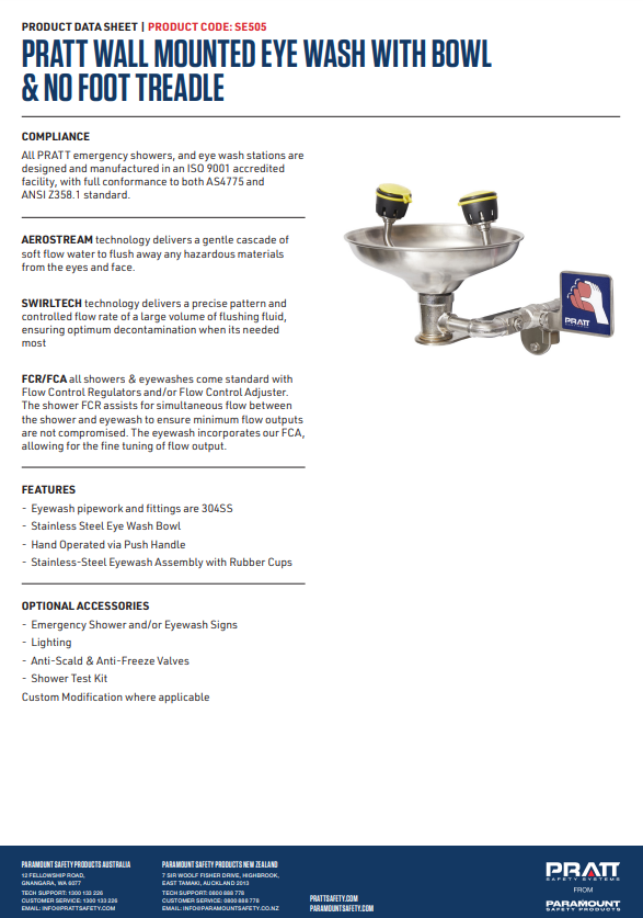 Pratt Fixed Wall Mounted Emergency Eye Wash Units - Foot Treadle, Eye Face Wash and Bowl Options