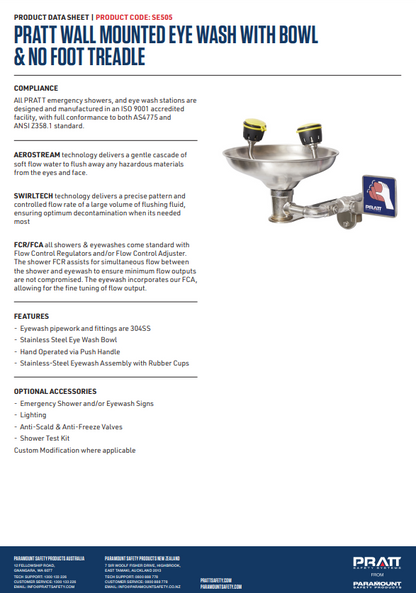 Pratt Fixed Wall Mounted Emergency Eye Wash Units - Foot Treadle, Eye Face Wash and Bowl Options