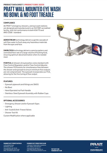 Pratt Fixed Wall Mounted Emergency Eye Wash Units - Foot Treadle, Eye Face Wash and Bowl Options