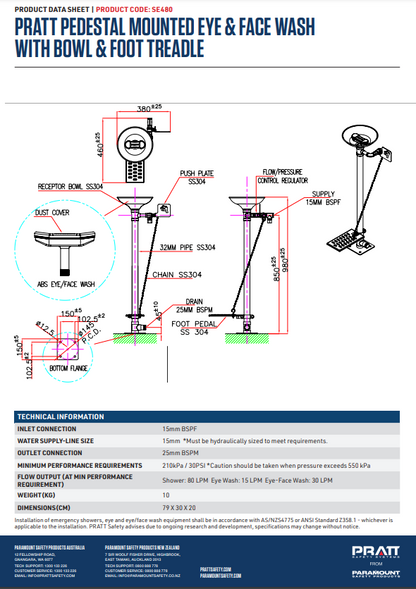 Pratt Fixed Pedestal Mounted Eye Wash Stations - Foot Treadle, Eye Face Wash and Bowl Options