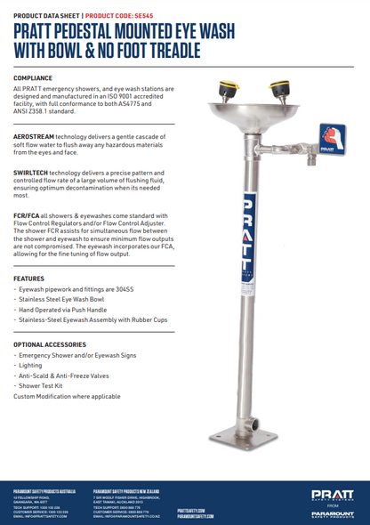Pratt Fixed Pedestal Mounted Eye Wash Stations - Foot Treadle, Eye Face Wash and Bowl Options