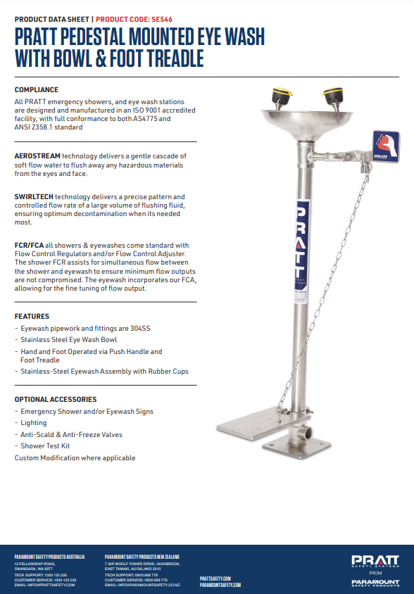 Pratt Fixed Pedestal Mounted Eye Wash Stations - Foot Treadle, Eye Face Wash and Bowl Options