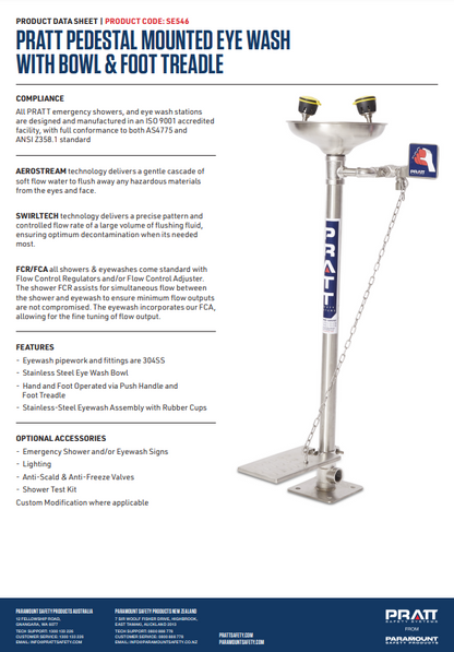 Pratt Fixed Pedestal Mounted Eye Wash Stations - Foot Treadle, Eye Face Wash and Bowl Options