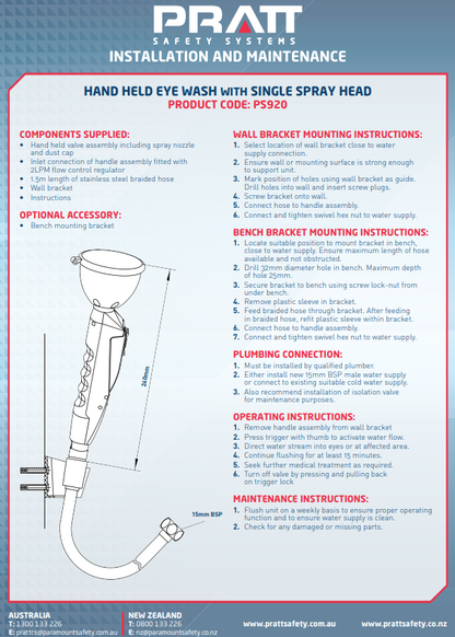 Pratt Hand Held Drench Hose Single Non Aerated Eye Wash 1.5m Hose and Optional Bracket