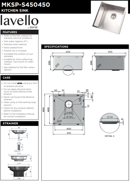 Meir Lavello Kitchen Sink - Single Bowl 450 x 450mm - 3 Colour Finishes