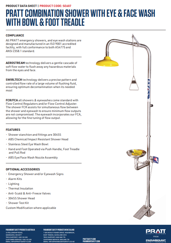Pratt Emergency Showers & Eyewash Combinations Units - Foot Treadle, Face Wash and Bowl Options