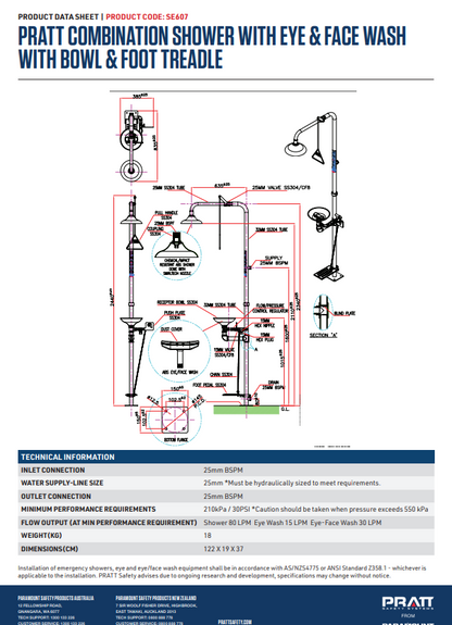 Pratt Emergency Showers & Eyewash Combinations Units - Foot Treadle, Face Wash and Bowl Options