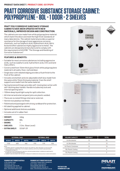 Pratt Class 8 Corrosive Substance Storage Cabinet Polypropylene - Various Door Shelf Combinations