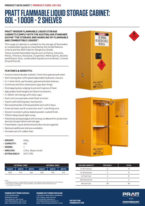 Pratt Class 3 Flammable Combustible Liquid Storage Cabinets - Various Door Shelf Combinations