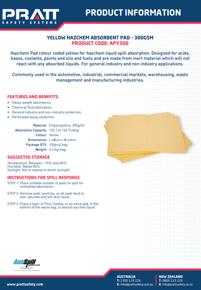 Pratt General Purpose, Oil & Fuel and Hazchem Absorbent Pad - Pack of 10