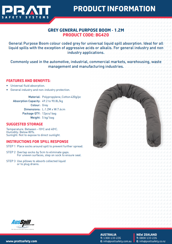 Pratt General Purpose, Oil & Fuel and Hazchem Boom 420g & 840g