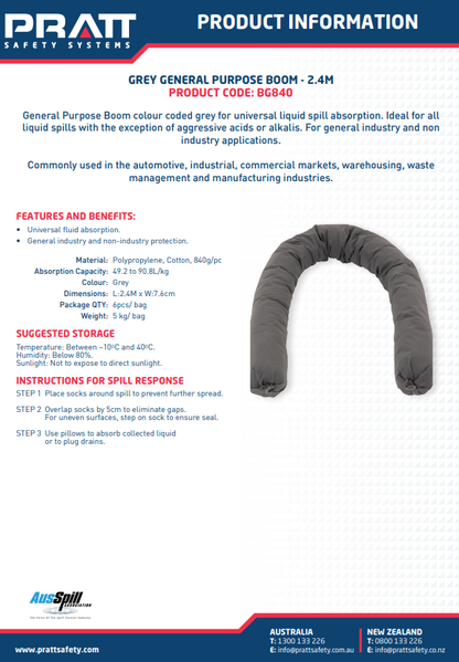 Pratt General Purpose, Oil & Fuel and Hazchem Boom 420g & 840g