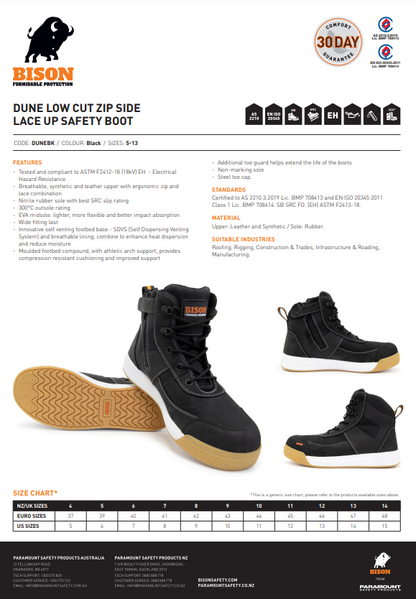 Dune Low Cut Zip Side Lace Up Safety Boot - Various Size Options