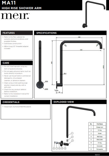 Meir High Rise Shower Arm - Various Colour Finishes