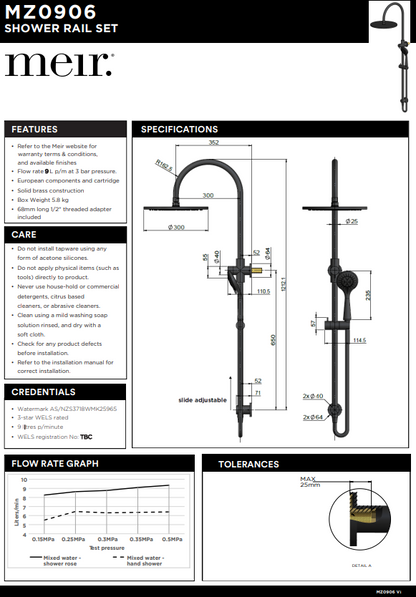 Meir Round GooseNeck Shower Set 300mm Rose + 3 Function Hand Shower