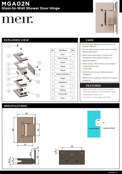 Meir Glass to Wall Shower Door Hinge - Various Colour Finishes