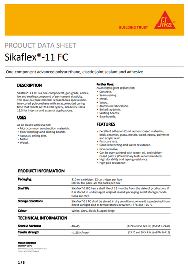SikaFlex-11 FC Joint Sealant Adhesive 300ml Cartridge or 600ml Sausages