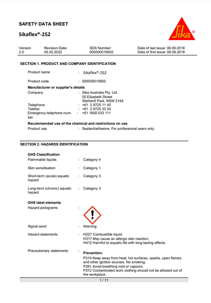 SikaFlex-252 Elastic Adhesive White or Black - 300ml Cartridges or 600ml Sausages