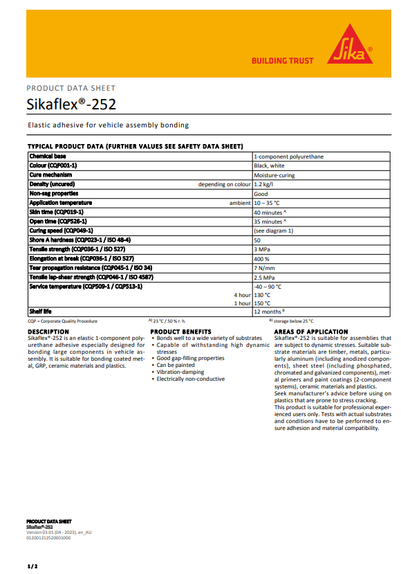 SikaFlex-252 Elastic Adhesive White or Black - 300ml Cartridges or 600ml Sausages