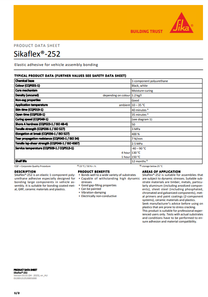 SikaFlex-252 Elastic Adhesive White or Black - 300ml Cartridges or 600ml Sausages