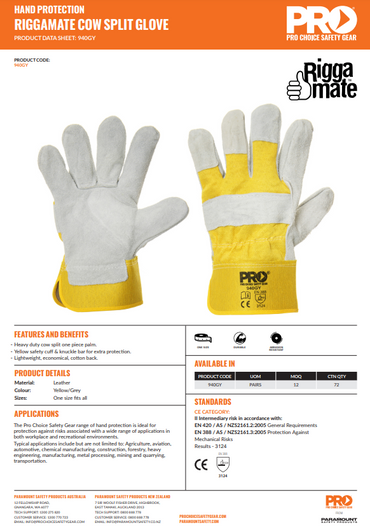 Pro Choice Yellow/Grey Leather Work Gloves One Size fits all - Large