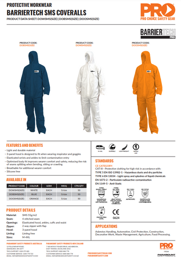 Pro Choice Barriertech SMS Disposable Coverall Pack of 5 - 3 Colour Options in Various Sizes