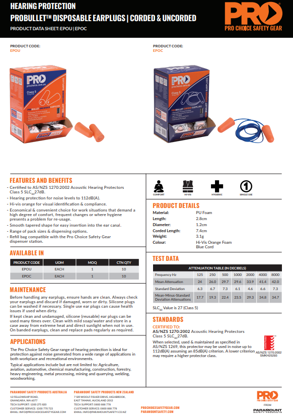 Pro Choice ProBullet Disposable Corded and Uncorded Earplugs - Various Pack Quantities