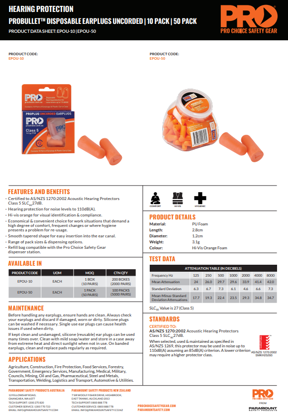 Pro Choice ProBullet Disposable Corded and Uncorded Earplugs - Various Pack Quantities