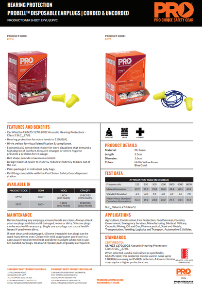 Pro Choice ProBell Disposable Corded and Uncorded Earplugs - Various Pack Quantities