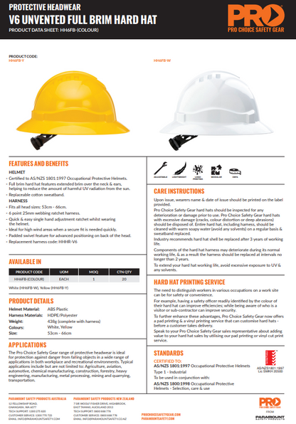 Pro Choice V6 Hard Hat Unvented Full Brim - 2 Colour Options