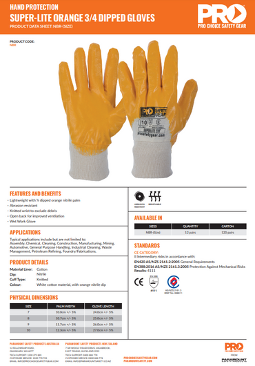 Pro Choice Super-Lite Orange 3/4 Dipped Gloves - 12 Pairs in 4 Size Options