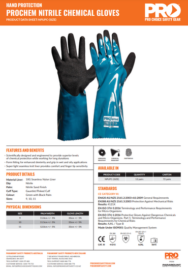Pro Choice Prochem 35cm Green/Black Nitrile PU Gloves - 12 Pairs in 3 Size Options
