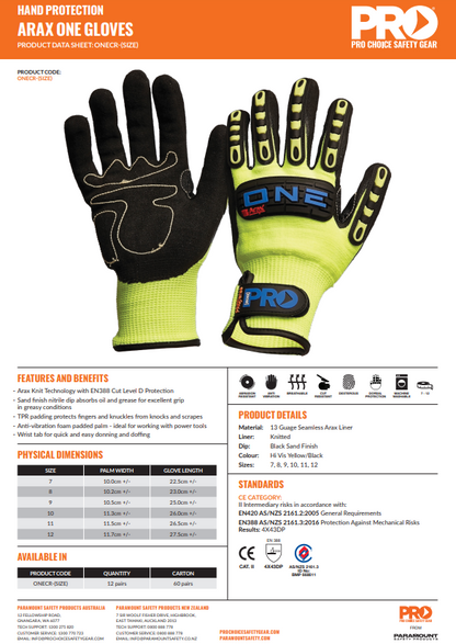 Pro Choice Arax ONE Nitrile Foam / Cut Resistant Liner Rubber Back Gloves- 1 , 6 or 12 Pairs in 6 Size Options