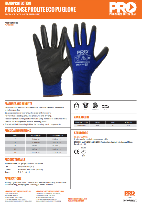 Pro Choice Prosense Prolite ECO PU Gloves - 12 Pairs in 5 Size Options