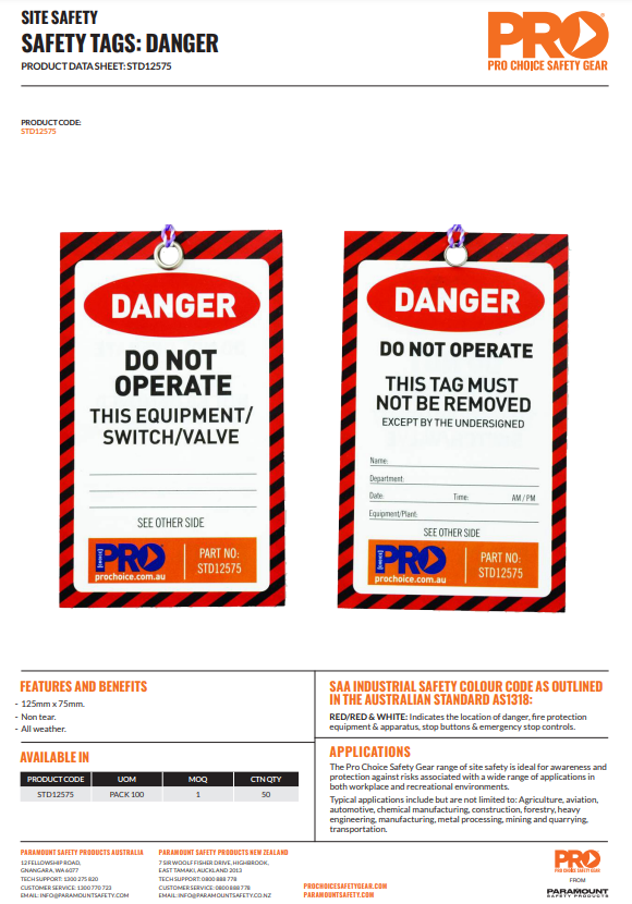 Pro Choice Site Safety Tags - Information, Danger or Caution Pack of 100