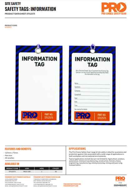 Pro Choice Site Safety Tags - Information, Danger or Caution Pack of 100