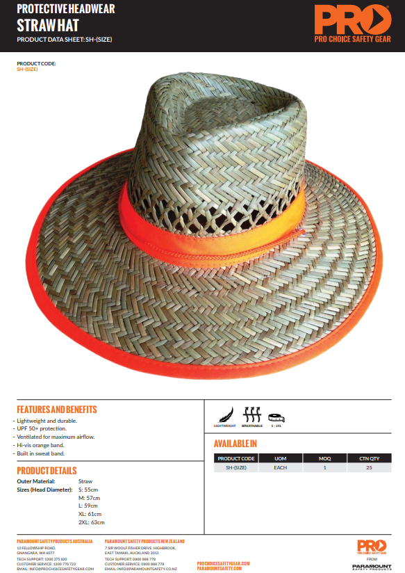 Pro Choice Straw Hat with Hi Vis Band - 5 Size Options