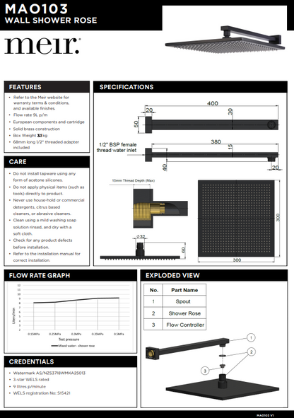 Meir Matte Black Square Wall Shower 300mm Rose + 400mm Arm