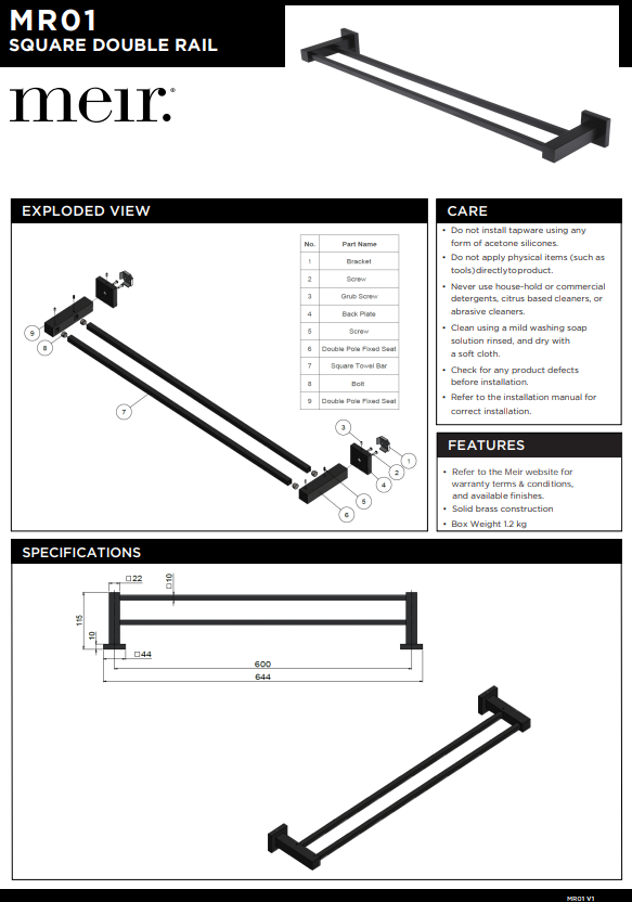 Meir Round Double Towel Rail 600mm in Round or Square Bar - Various Colour Finishes