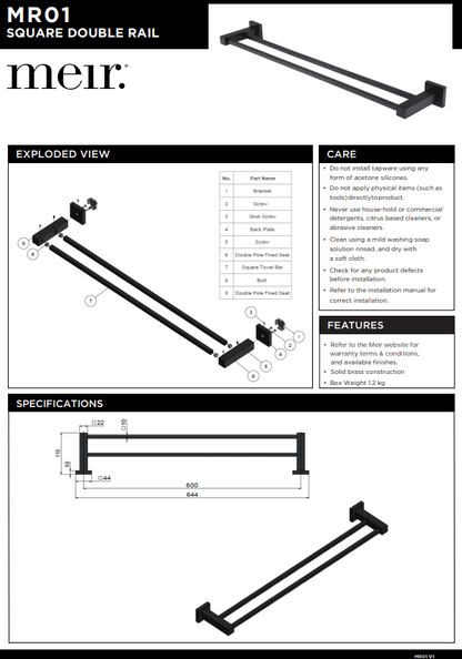 Meir Round Double Towel Rail 600mm in Round or Square Bar - Various Colour Finishes