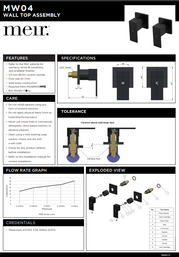 Meir Matte Black Square Quarter Turn Wall Top Assemblies