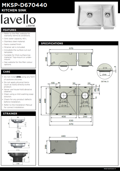 Meir Lavello Kitchen Sink 1.5 Bowl 670 x 440mm - 3 Colour Finishes
