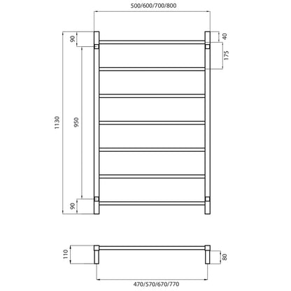 Radiant NON-Heated SQUARE Bar Towel Rails (SLTR02) 1130mm Tall - Multiple Widths in Mirror Polished or Matt Black Finishes