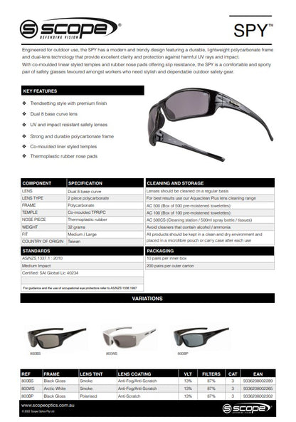 Scope Spy Jet Black Safety Glasses - 2 Lens Colour Options