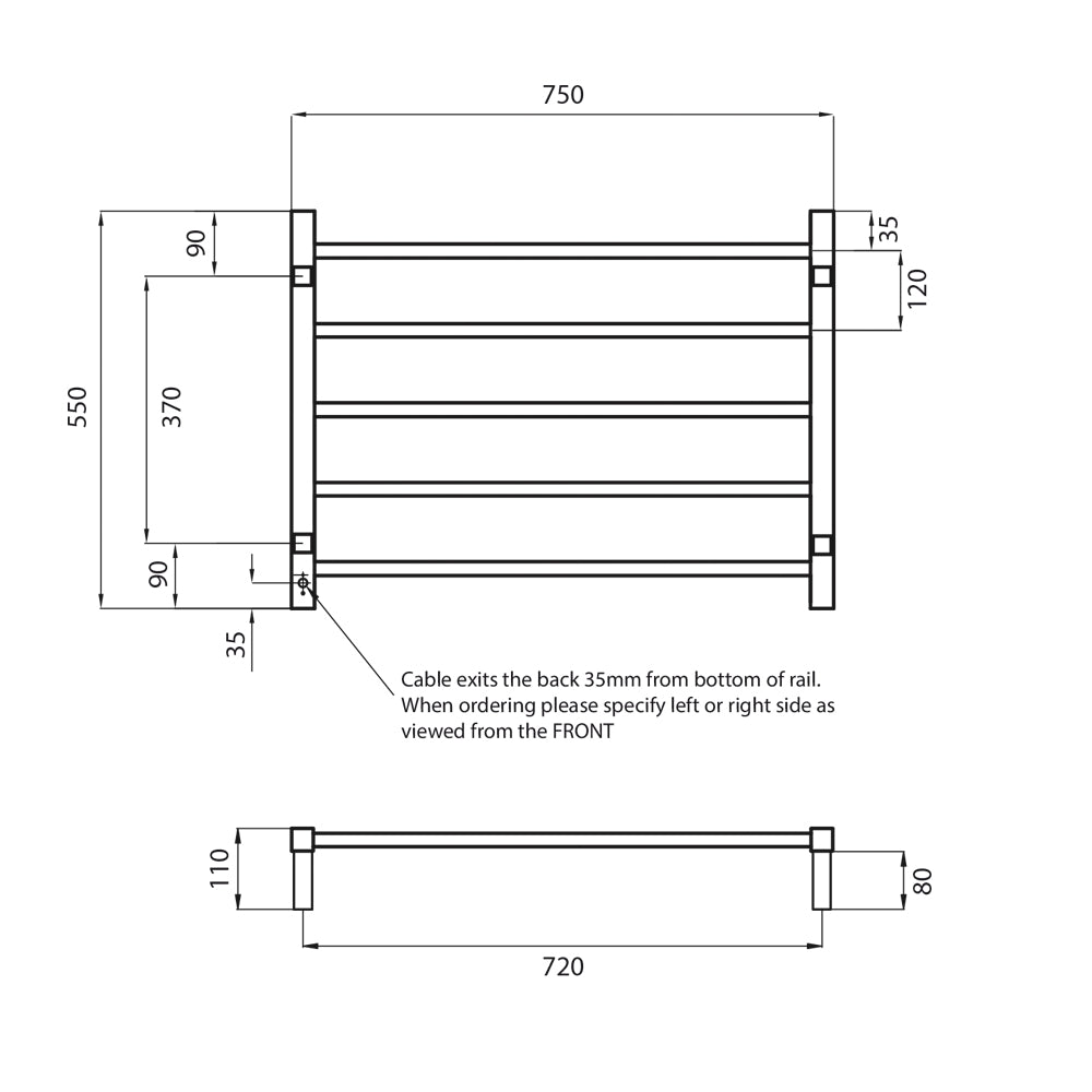 Radiant Heated Towel Rail (STR03) 750mm x 550mm - 5 Bars (Square) - Multiple Colour Finishes