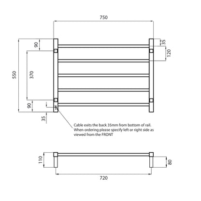 Radiant Heated Towel Rail (STR03) 750mm x 550mm - 5 Bars (Square) - Multiple Colour Finishes