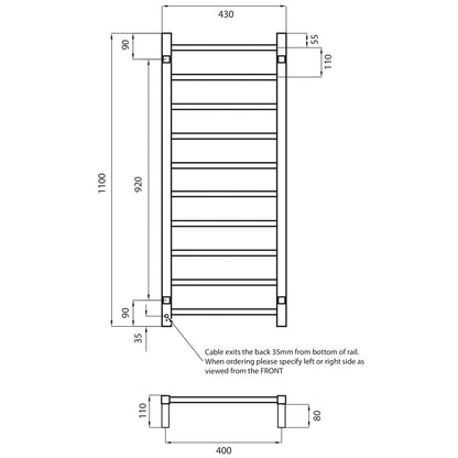 Radiant Heated Towel Rail (STR430) 430mm x 1100mm - 10 Bars (Square) - Multiple Colour Finishes