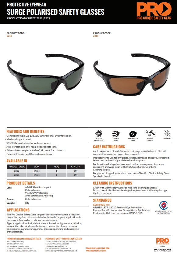 Pro Choice Surge Safety Glasses Polarised - 1 pair